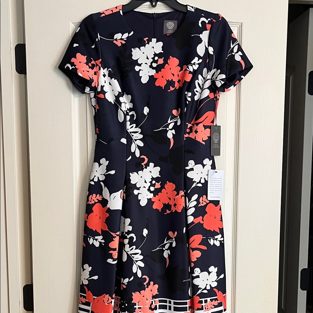 Vince Camuto Navy Midi Dress with Coral and White Floral Print